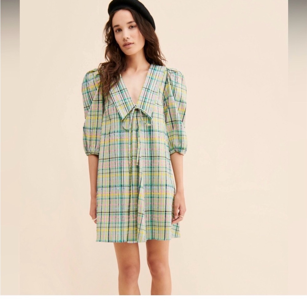 Damson Madder Pastel Green Plaid Sailor-Collar Mini Dress